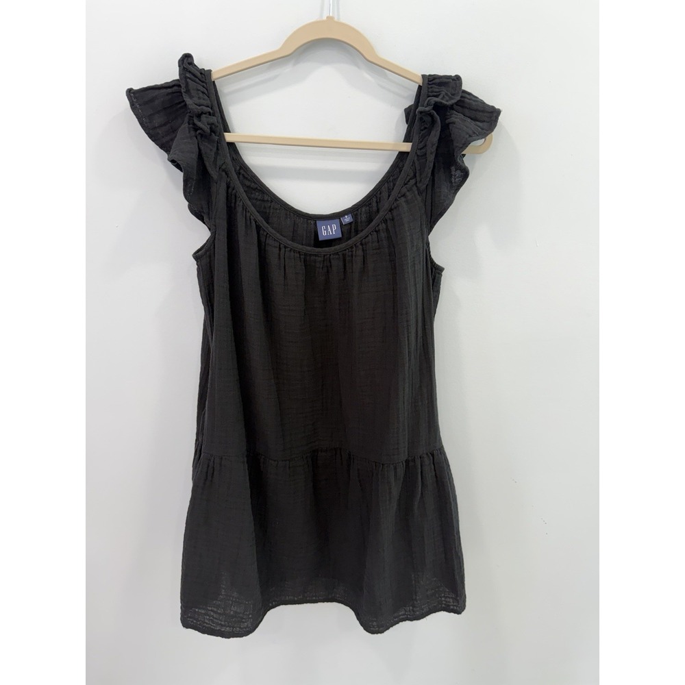GAP Black Cotton Gauze Dress Small Ruffle Sleeve Tiered Mini Casual Boho Summer - Picture 4 of 9